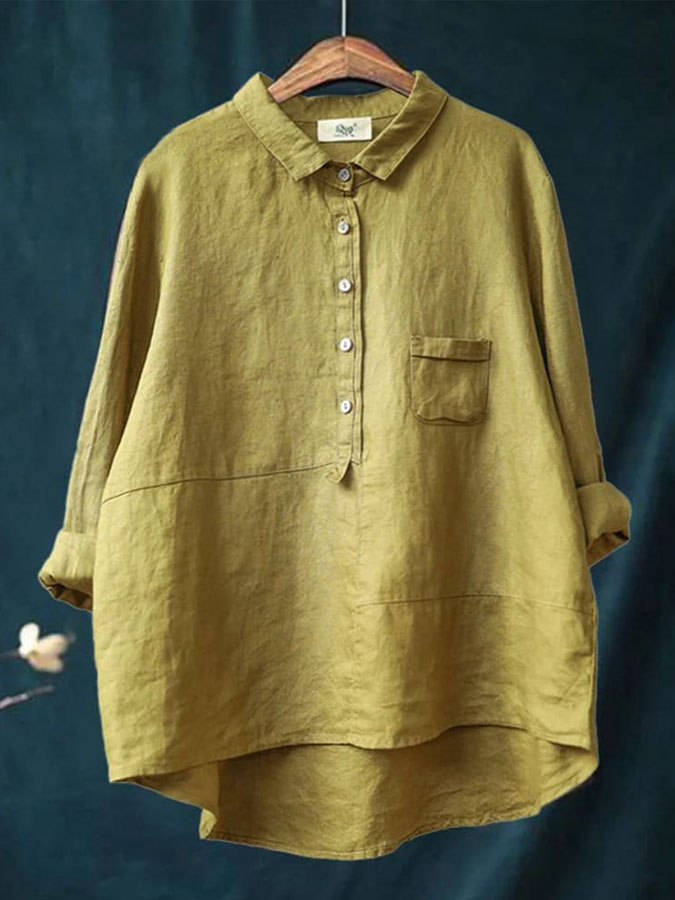 Women's Lapel Neck Casual Solid Colour Cotton And Linen Long Sleeve Shirt