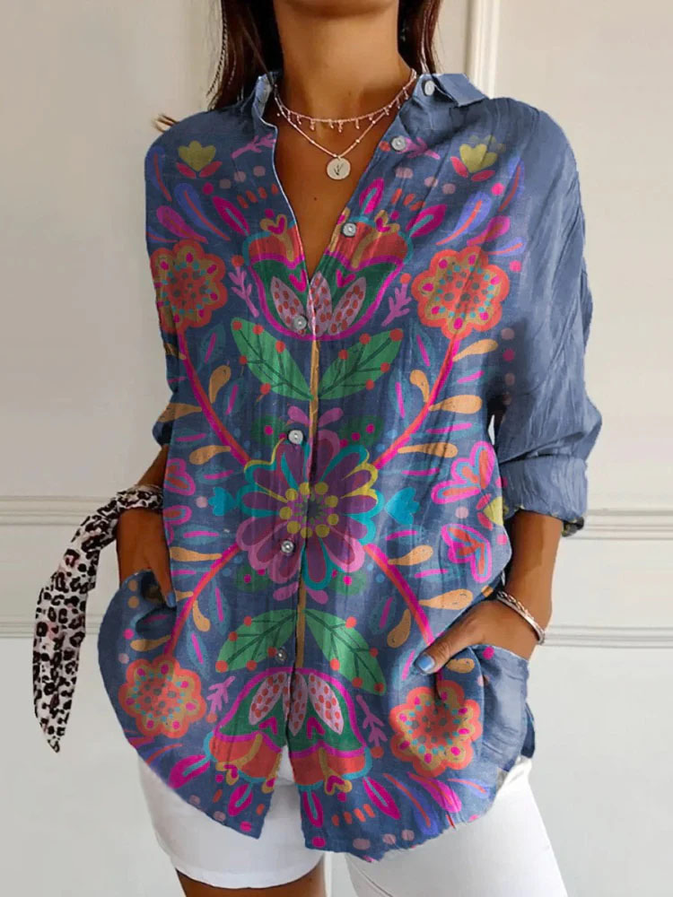 Women's Retro Colorful Flowers Print Casual Cotton Shirt