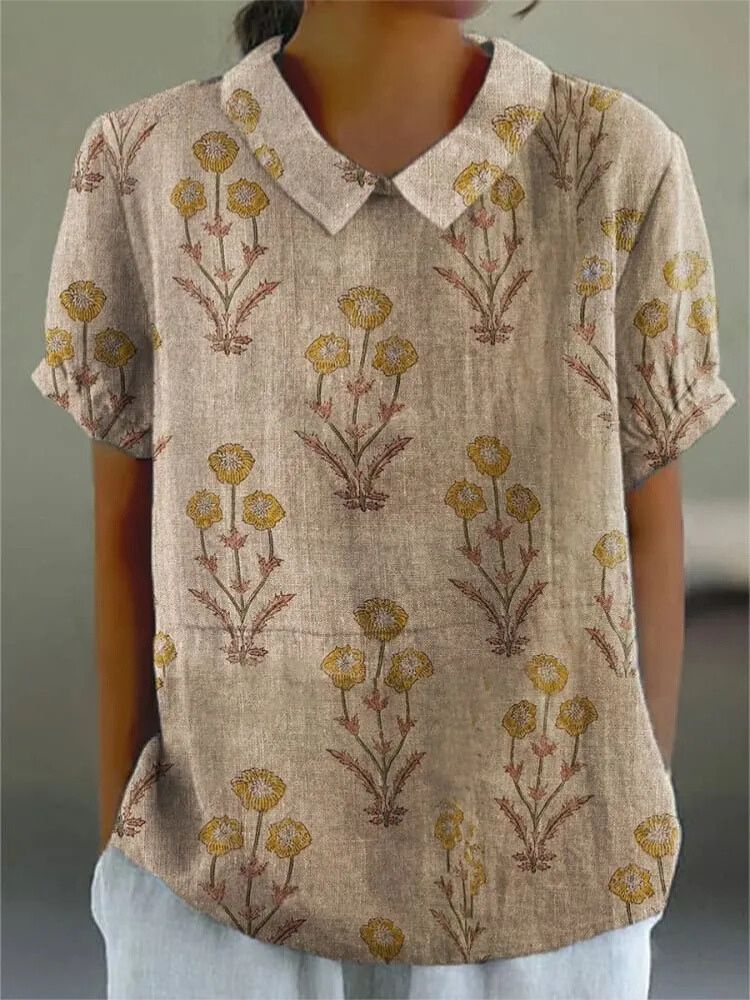 Women's Flower Art Print Casual Cotton And Linen Shirt