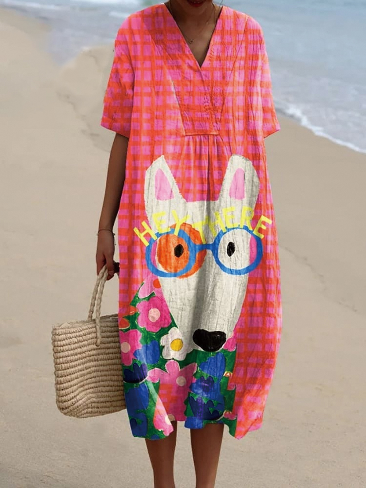 Women's Dog  Art Print Casual Cotton And Linen Shirt