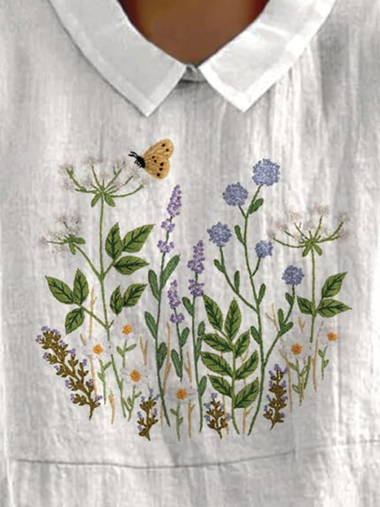 Embroidery Style Floral Bush Pattern Printed Women's Casual Cotton And Linen Shirt
