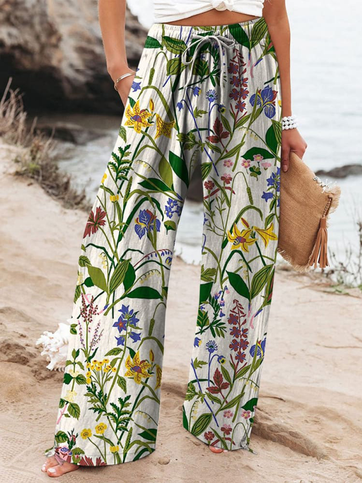 Tropical Floral Repeat Pattern Printed Women's Cotton And Linen Casual Pants