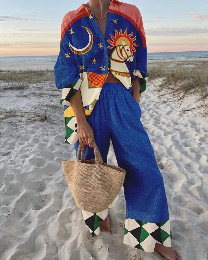 Late Night White Horse Print Two Piece Set