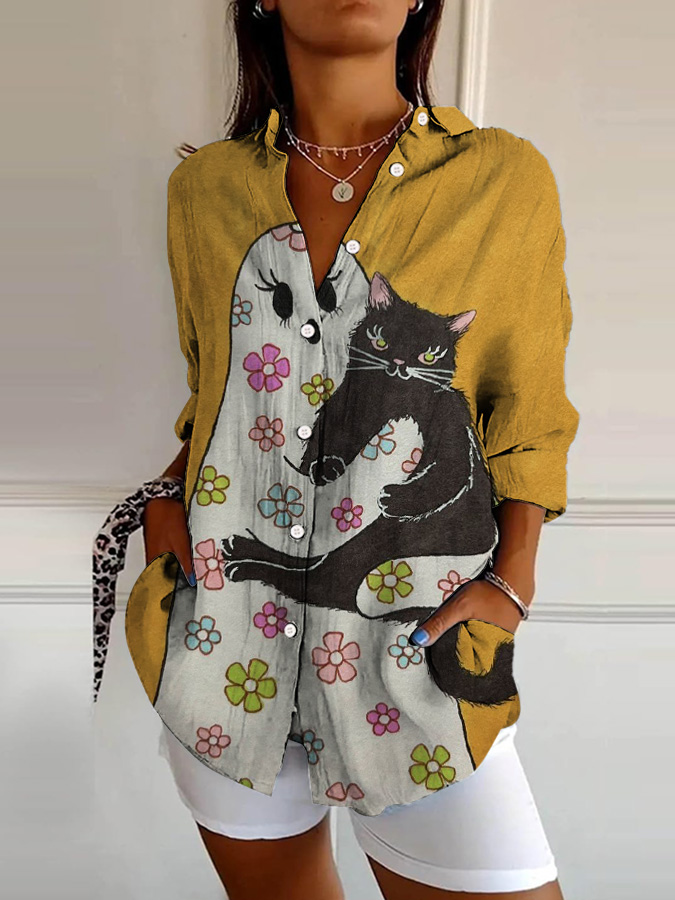 Women's Cartoon Ghost Cat Print Lapel Shirt