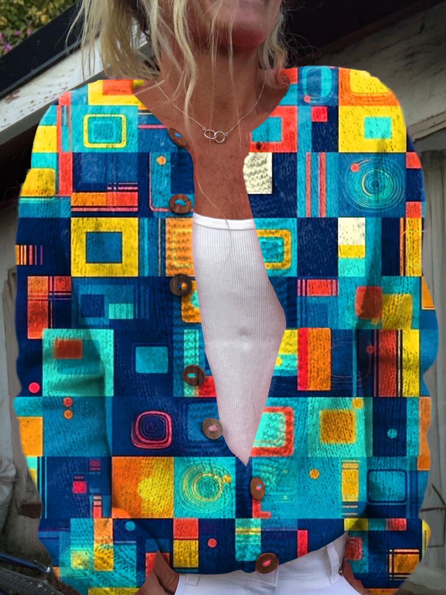 Retro Abstraction Art Print Buttoned Cardigan Sweater
