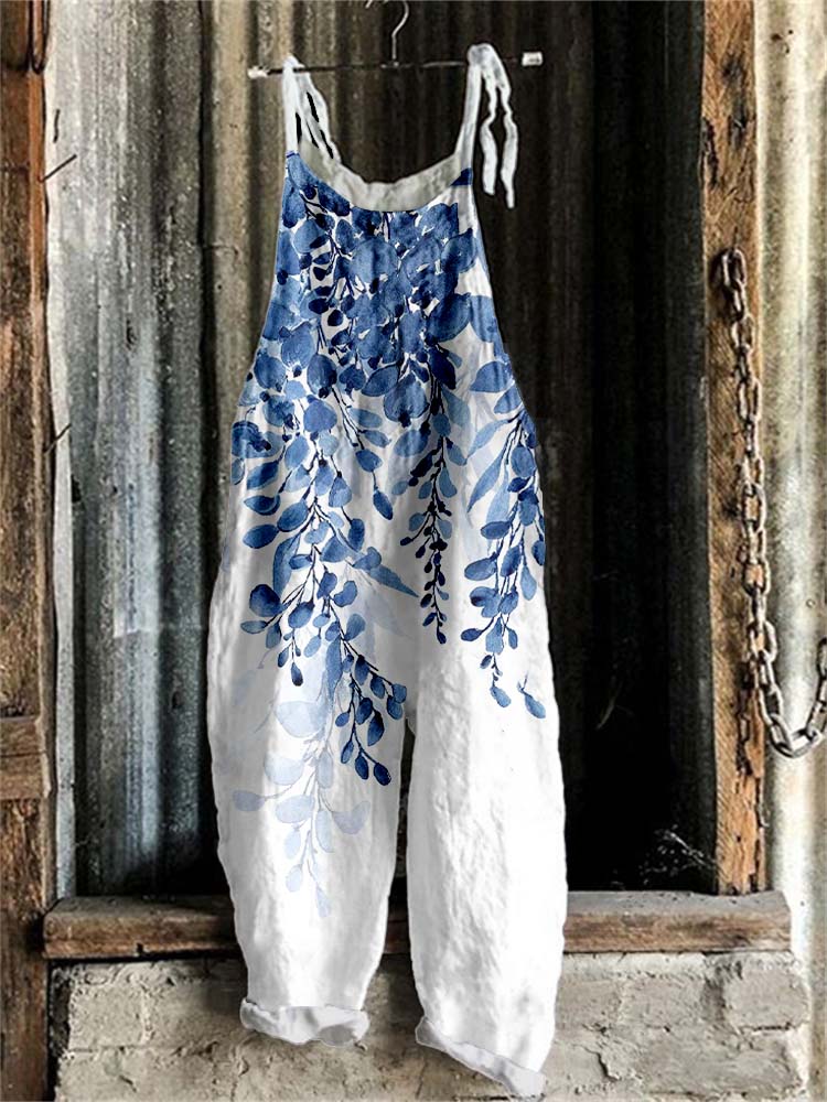 Women's Vintage Floral Print Casual Cotton and Linen Jumpsuit