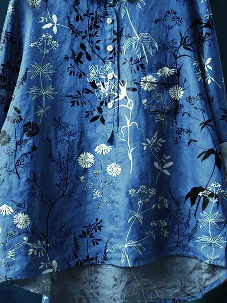 Women's Vintage Floral Art Print Casual Cotton And Linen Shirt