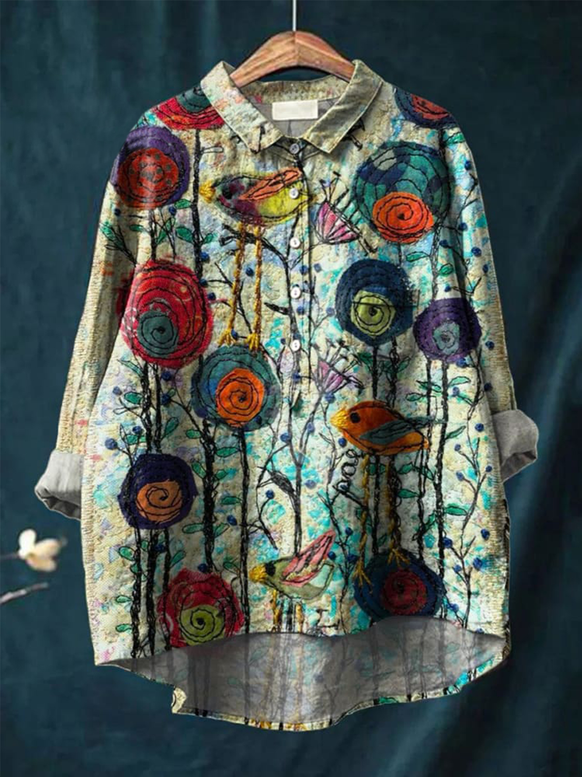 Vintage Lovely Floral Birds Art Print Casual Cotton And Linen Shirt