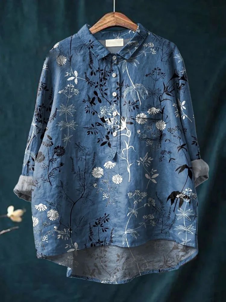 Women's Vintage Floral Art Print Casual Cotton And Linen Shirt