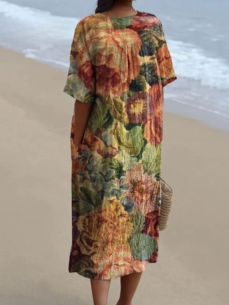 Women's Vintage Floral Art Print Casual Flowy Dress