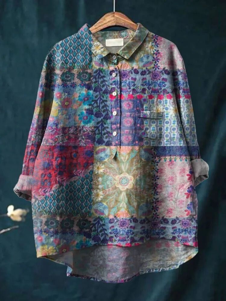 Women's Flower Art Print Casual Cotton And Linen Shirt