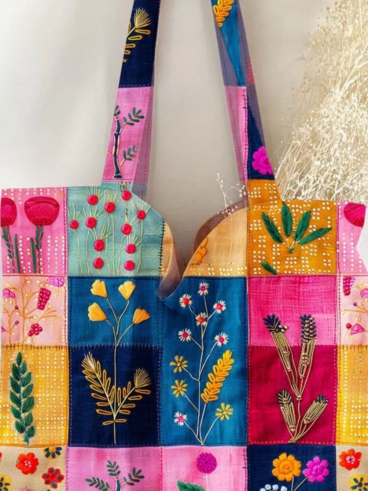 Flower Splicing Print Pattern Linen Tote Bag