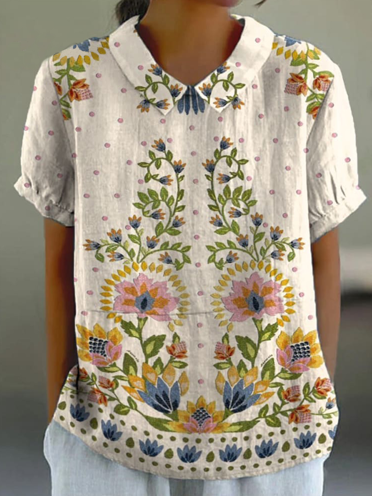 Tropical Floral Symmetrical Pattern Printed Women's Casual Cotton And Linen Shirt