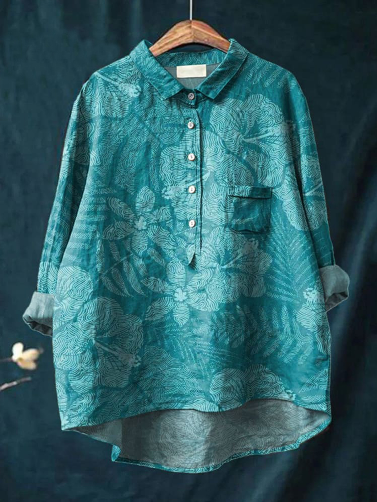 Vintage Floral Art Print Casual Cotton And Linen Shirt