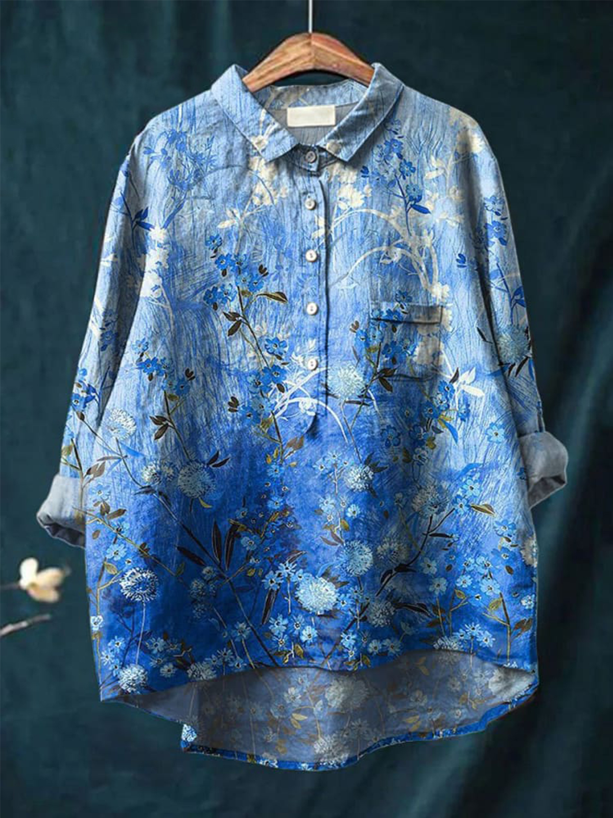 Vintage Floral Art Print Casual Cotton And Linen Shirt