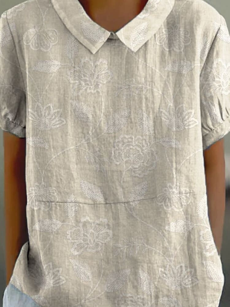 Women's Vintage Floral Art Print Casual Cotton And Linen Shirt