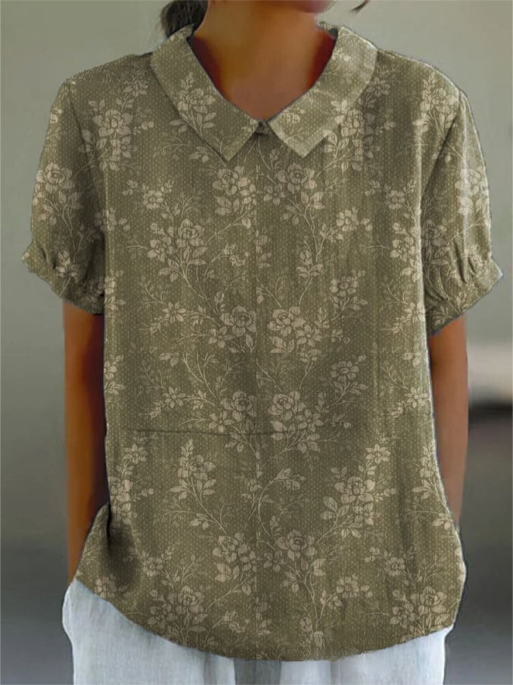 Women's Vintage Floral Art Print Casual Cotton And Linen Shirt