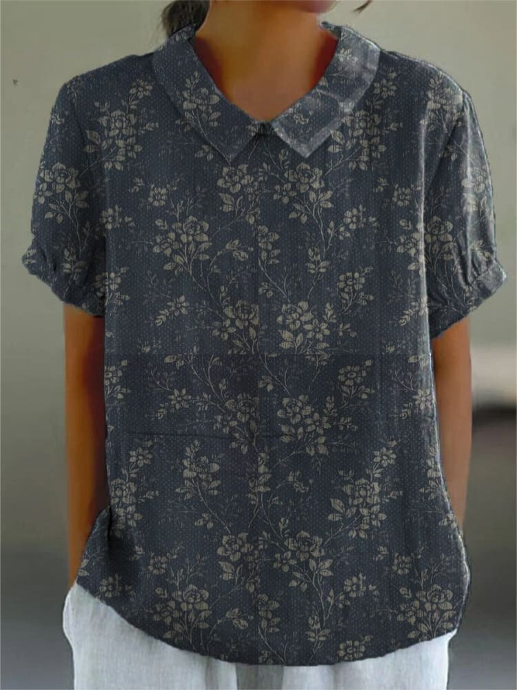 Women's Vintage Floral Art Print Casual Cotton And Linen Shirt