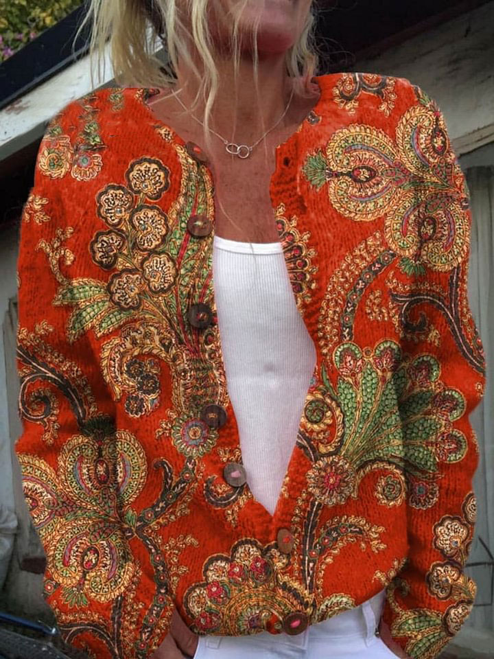 Women's Vintage Lovely Floral Art Print Buttoned Cardigan Sweater