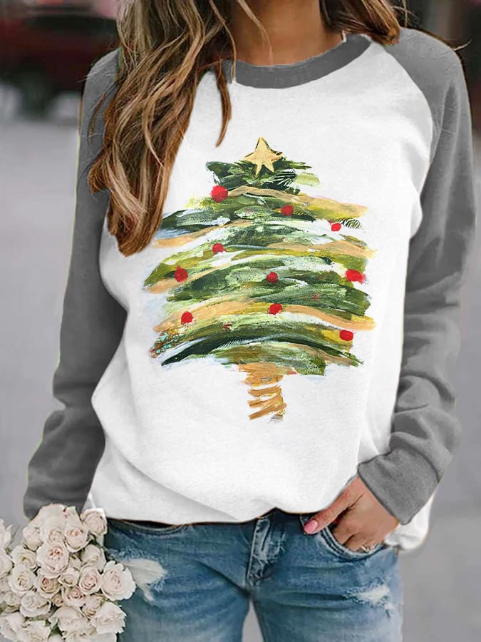 Women's Watercolor Christmas Tree Print Casual Sweatshirt