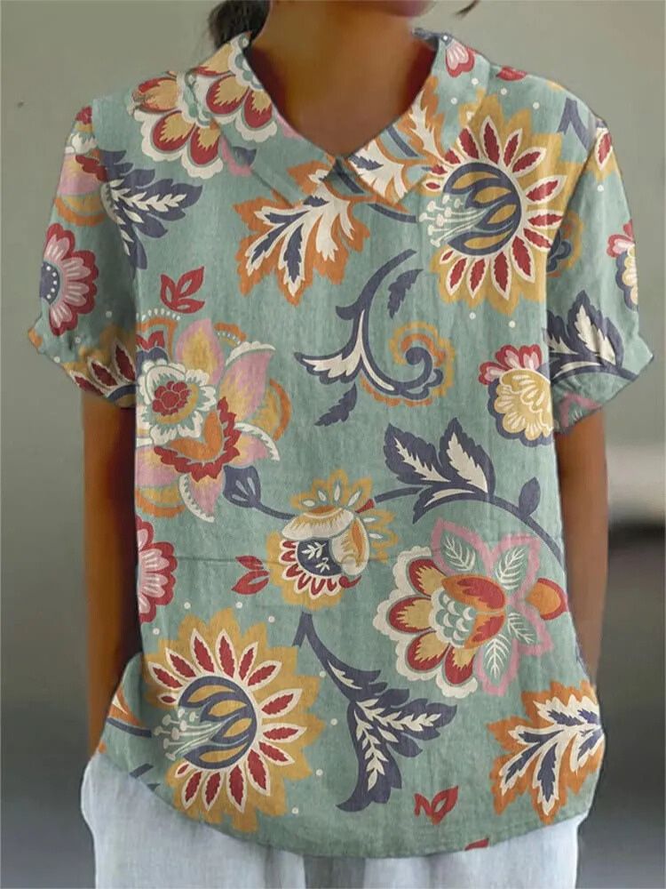 Women's Retro  Flower Art Print Casual Cotton And Linen Shirt