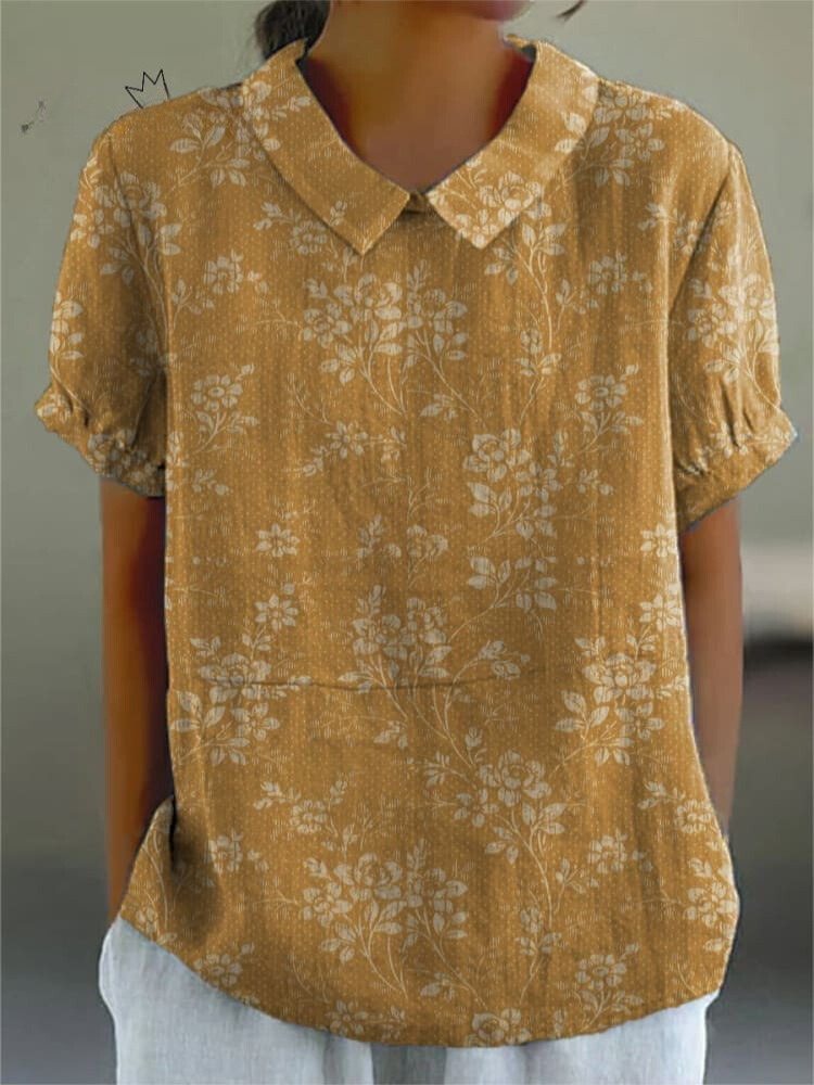 Women's Vintage Floral Art Print Casual Cotton And Linen Shirt