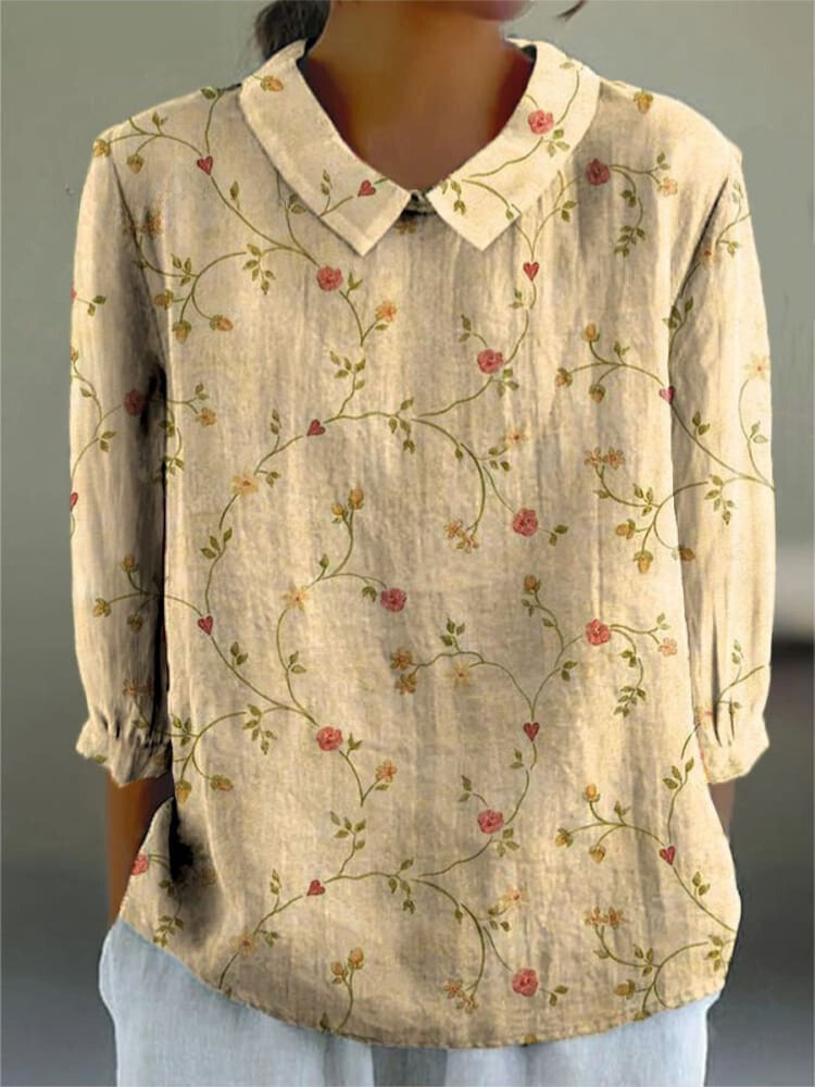 Women's Vintage Floral Art Print Casual Cotton And Linen 3/4 Sleeve Shirt