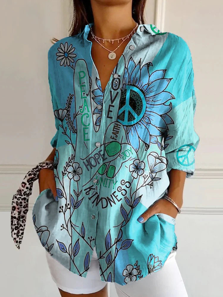 Women's Retro Sunflowers Hippie Print Casual Cotton Shirt