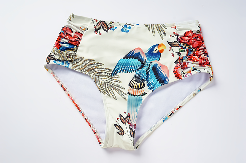 Vintage One-Shoulder Bird Flower Print Ruffled Bikini Set