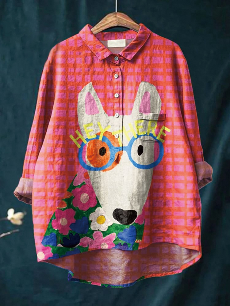 Women's Dog  Art Print Casual Cotton And Linen Shirt
