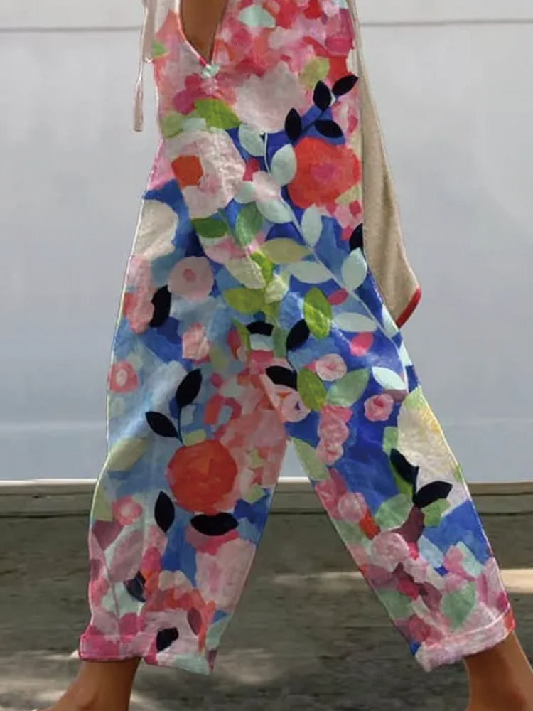 Women's Vintage Floral Art Printed 100%Cotton Casual Pants