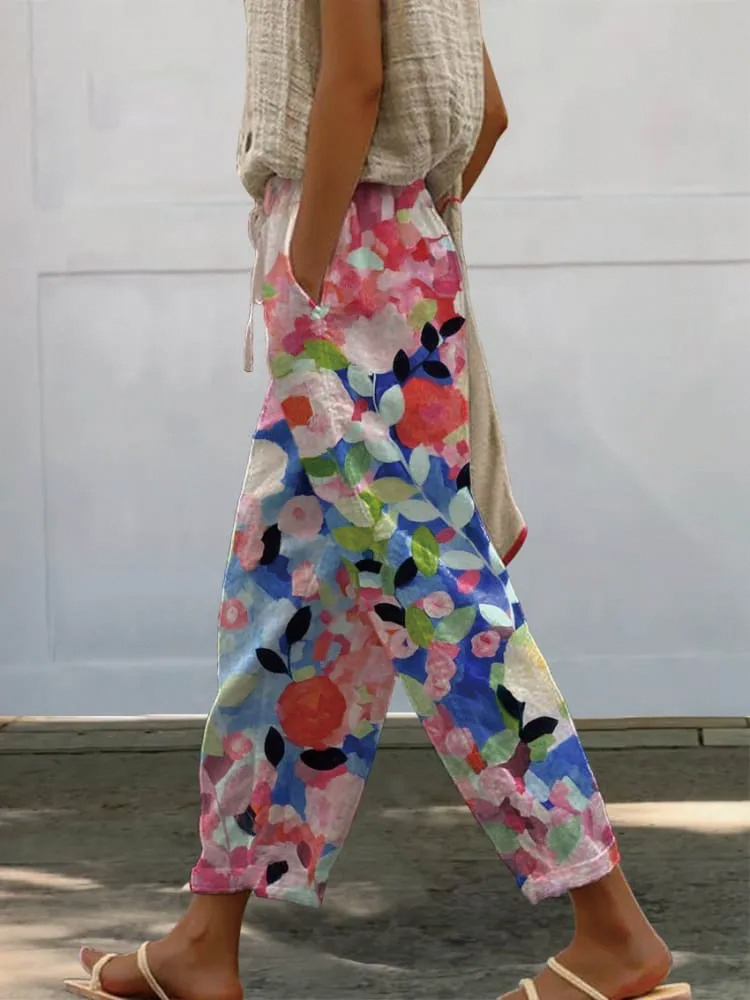 Women's Vintage Floral Art Printed 100%Cotton Casual Pants