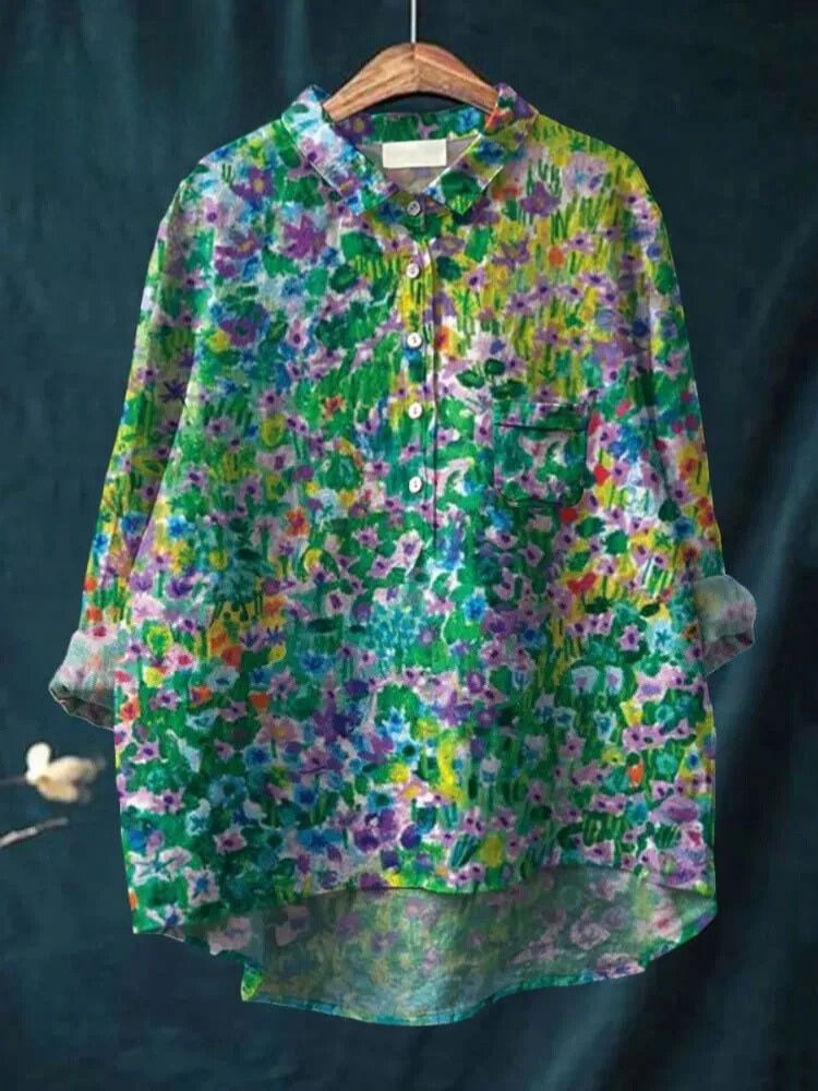 Women's Flower Painting Art Print Casual Cotton And Linen Shirt