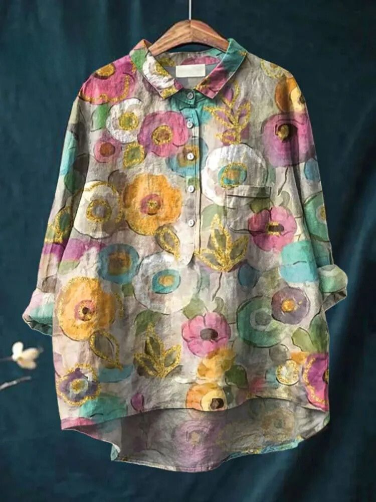 Women's Flower Print Casual Cotton And Linen Shirt