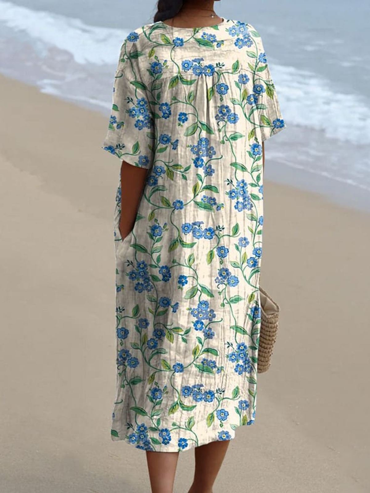 Vintage Style Small Blue Floral Pattern Printed Women's Flowy Dress