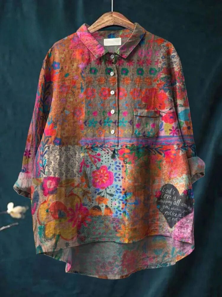 Women's Vintage Flower Art Print Casual Cotton And Linen Shirt