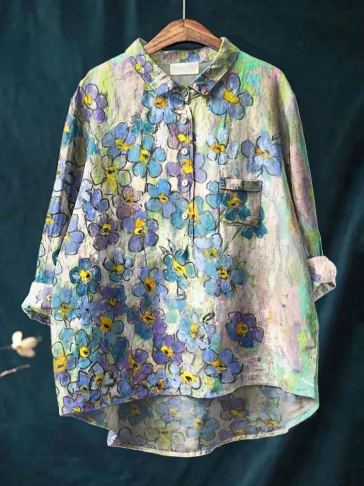 Women's Vintage Flower Art Print Casual Cotton And Linen Shirt