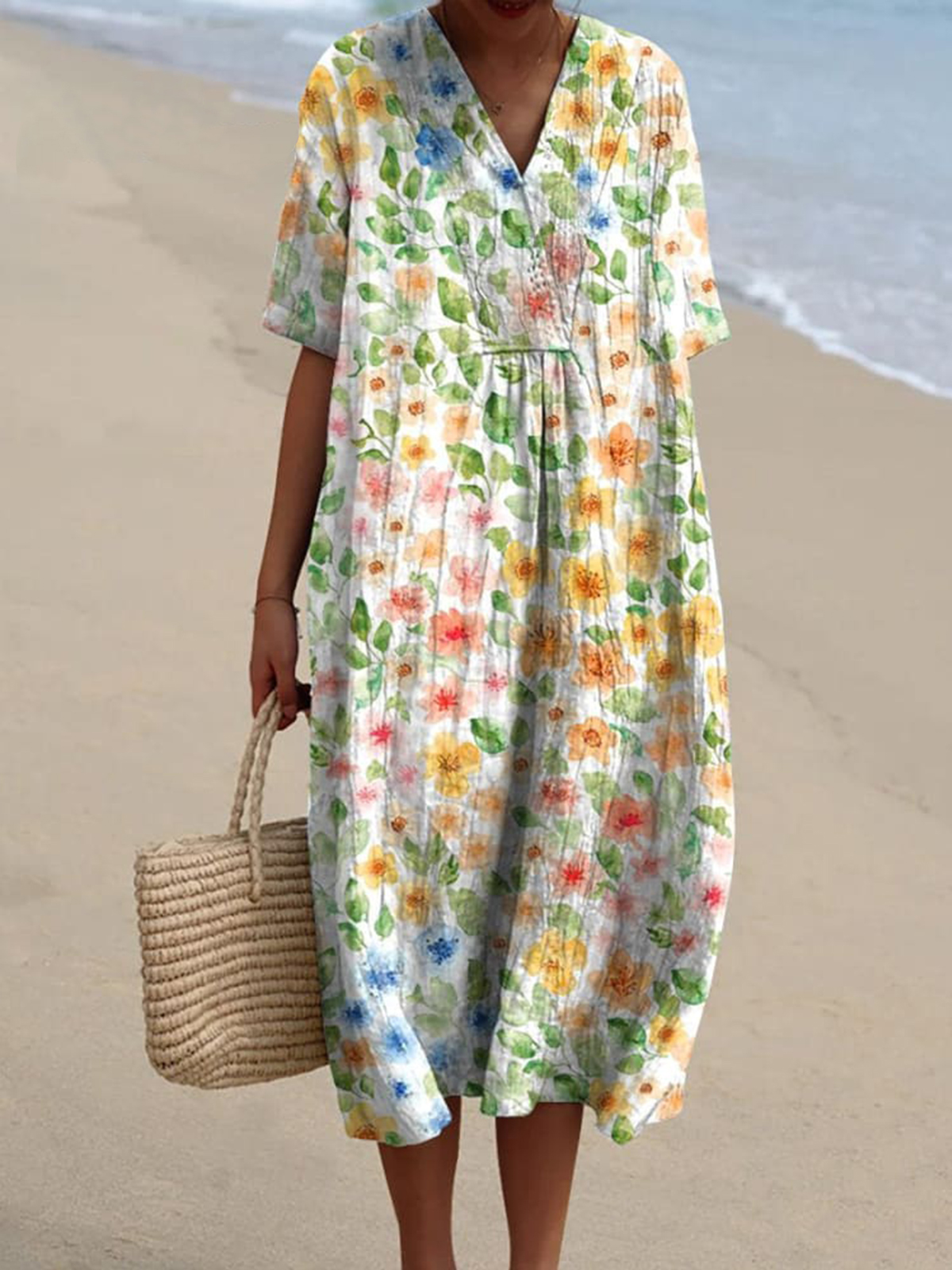 Watercolor Lively Spring Floral Pattern Printed Women's Flowy Dress