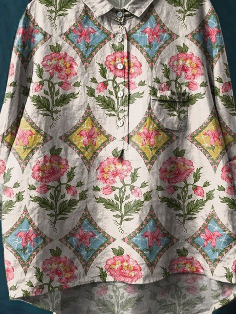 Women's Vintage Floral Art Print Casual Cotton And Linen Shirt