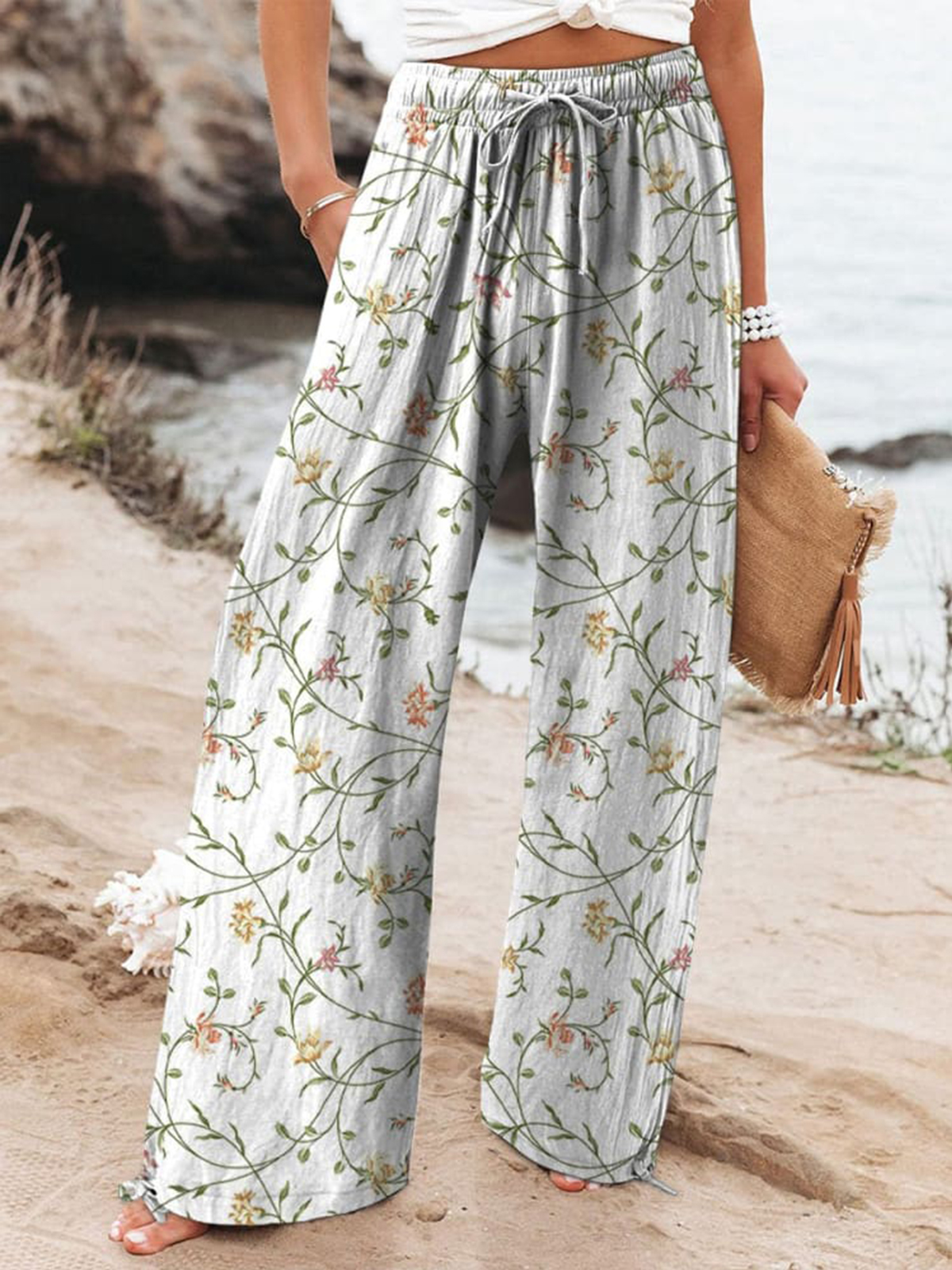 Vintage Style Floral And Vine Repeat Pattern Printed Women's Cotton And Linen Casual Pants