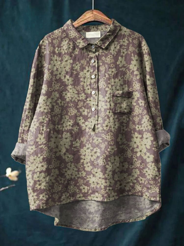 Women's Vintage Floral Art Print Casual Cotton And Linen Shirt