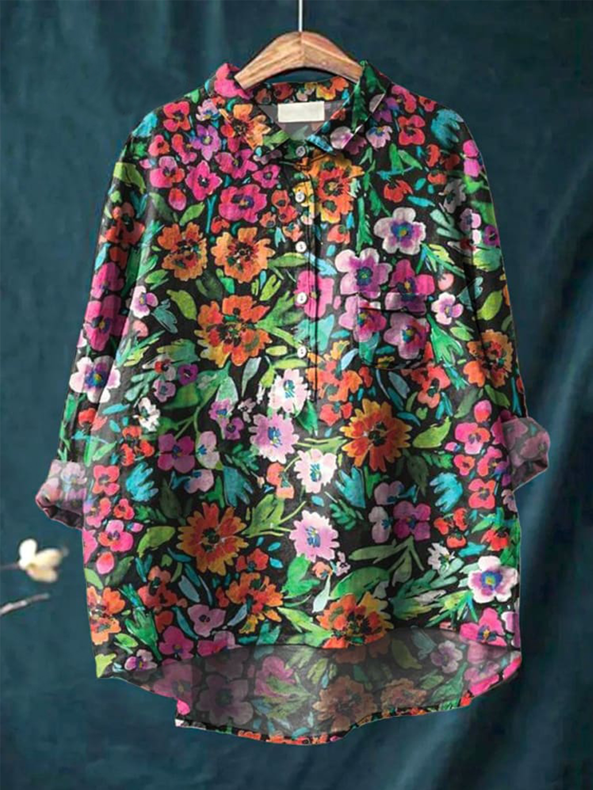 Watercolor Floral Bush Pattern Printed Women's Casual Cotton And Linen Shirt