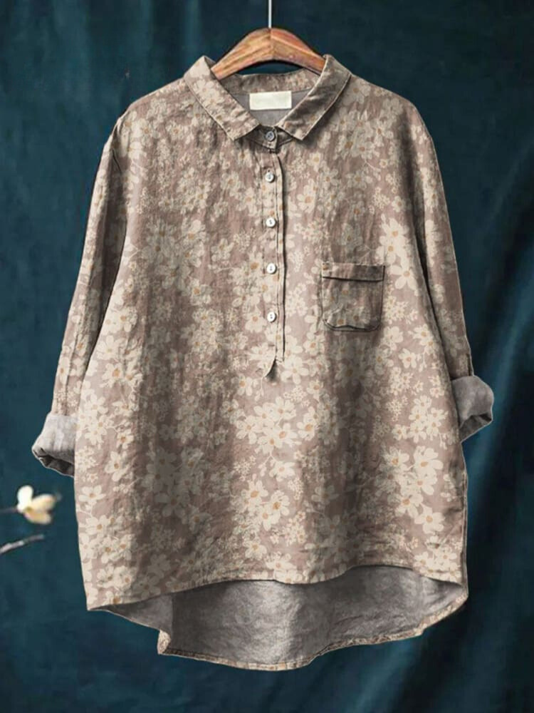 Women's Vintage Floral Art Print Casual Cotton And Linen Shirt