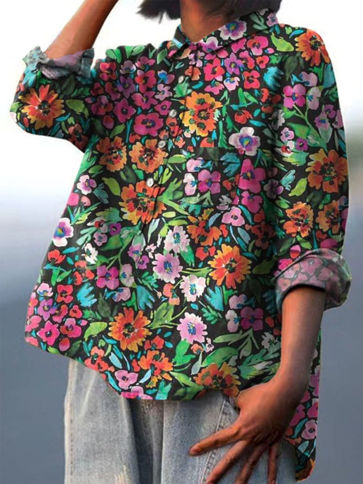 Watercolor Floral Bush Pattern Printed Women's Casual Cotton And Linen Shirt
