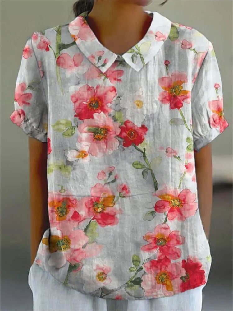 Women's Flower Print Casual Cotton And Linen Shirt