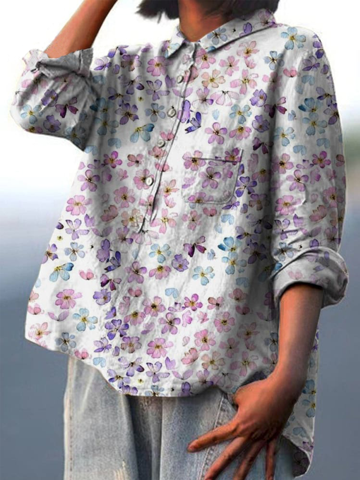 Watercolor Small Floral Pattern Printed Women's Casual Cotton And Linen Shirt