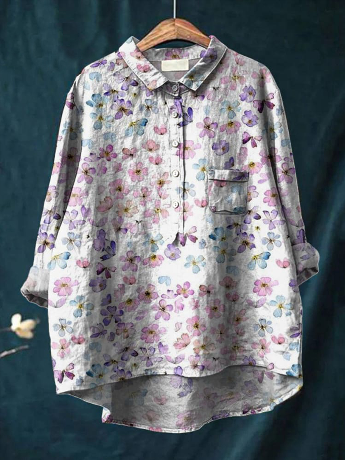 Watercolor Small Floral Pattern Printed Women's Casual Cotton And Linen Shirt
