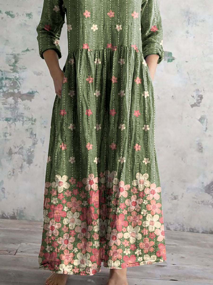 Women's V-neck Elegant Floral Pattern Cotton Dress