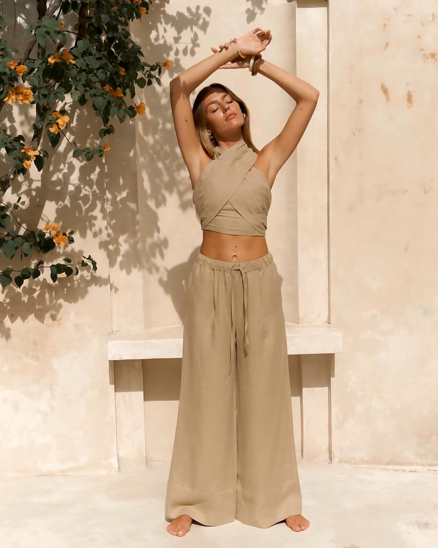 Solid Color Cotton and Linen Halterneck Sleeveless Top and Wide-Leg Pants Set