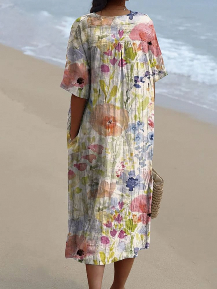 Women's Vintage Floral Watercolor Art Print Casual Flowy Dress